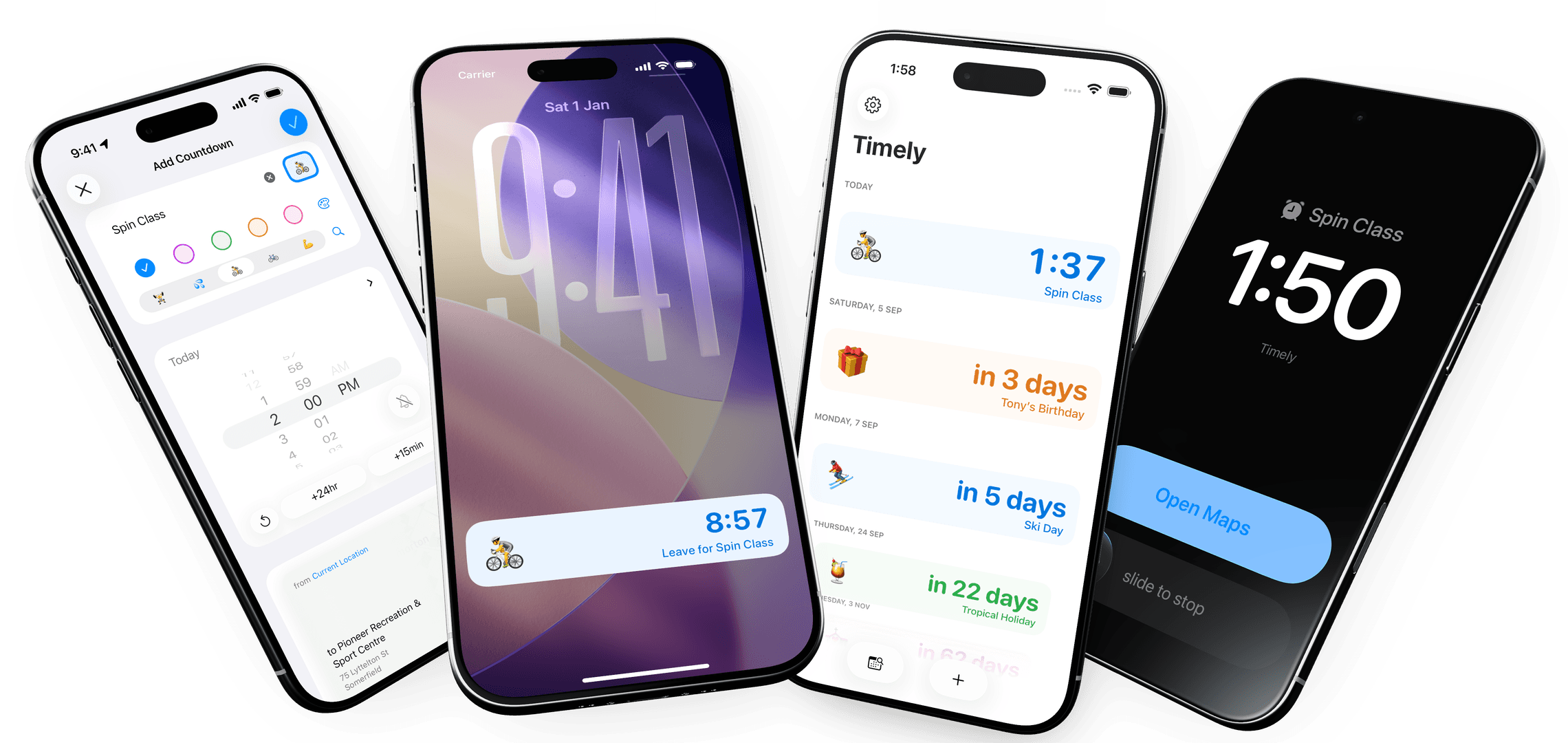 Four Timely countdown screens showing countdown creation, lock-screen activity, the countdown list, and an alarm.