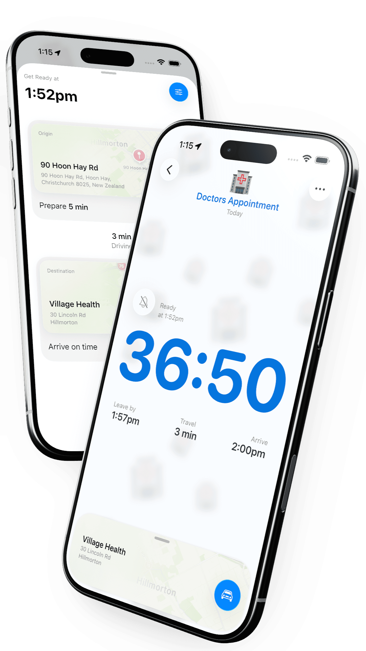 Timely calculating travel time and showing the leave-by countdown for an appointment.