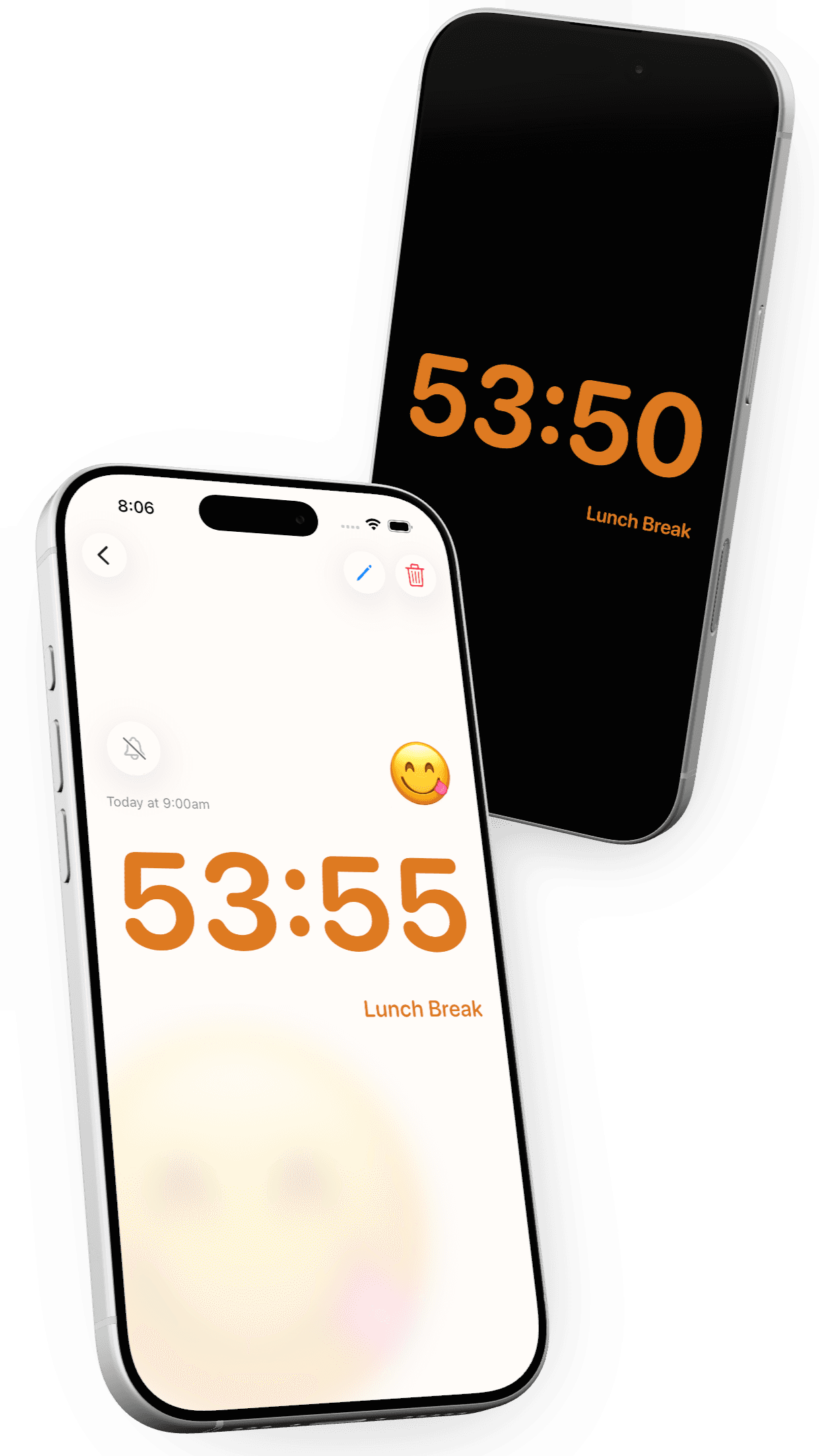 Calm Countdown displayed on light and pure-black iPhone screens, showing a lunch break countdown.