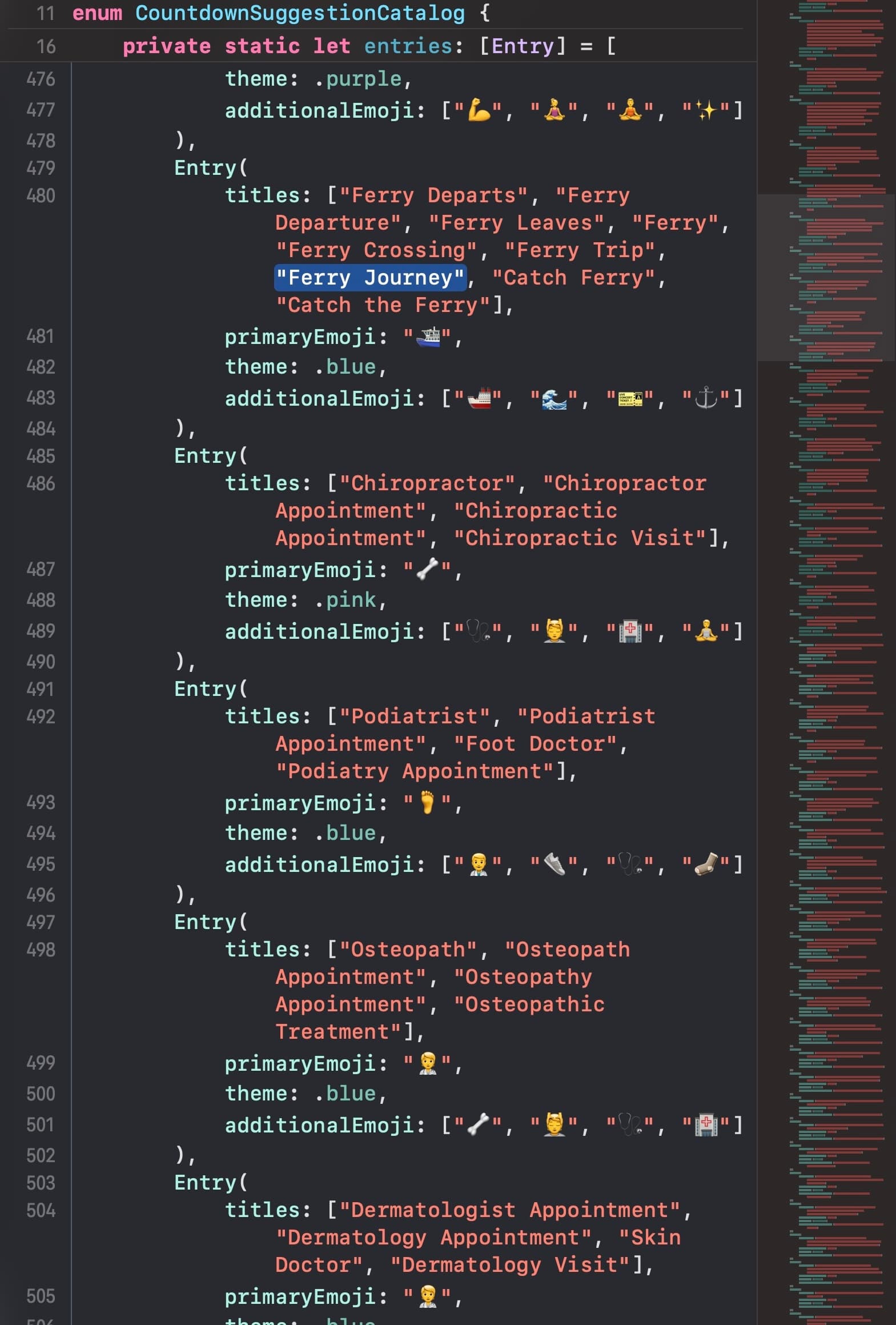 Swift code defining emoji-themed countdown suggestion entries, including ferry, medical appointment, and practice titles.