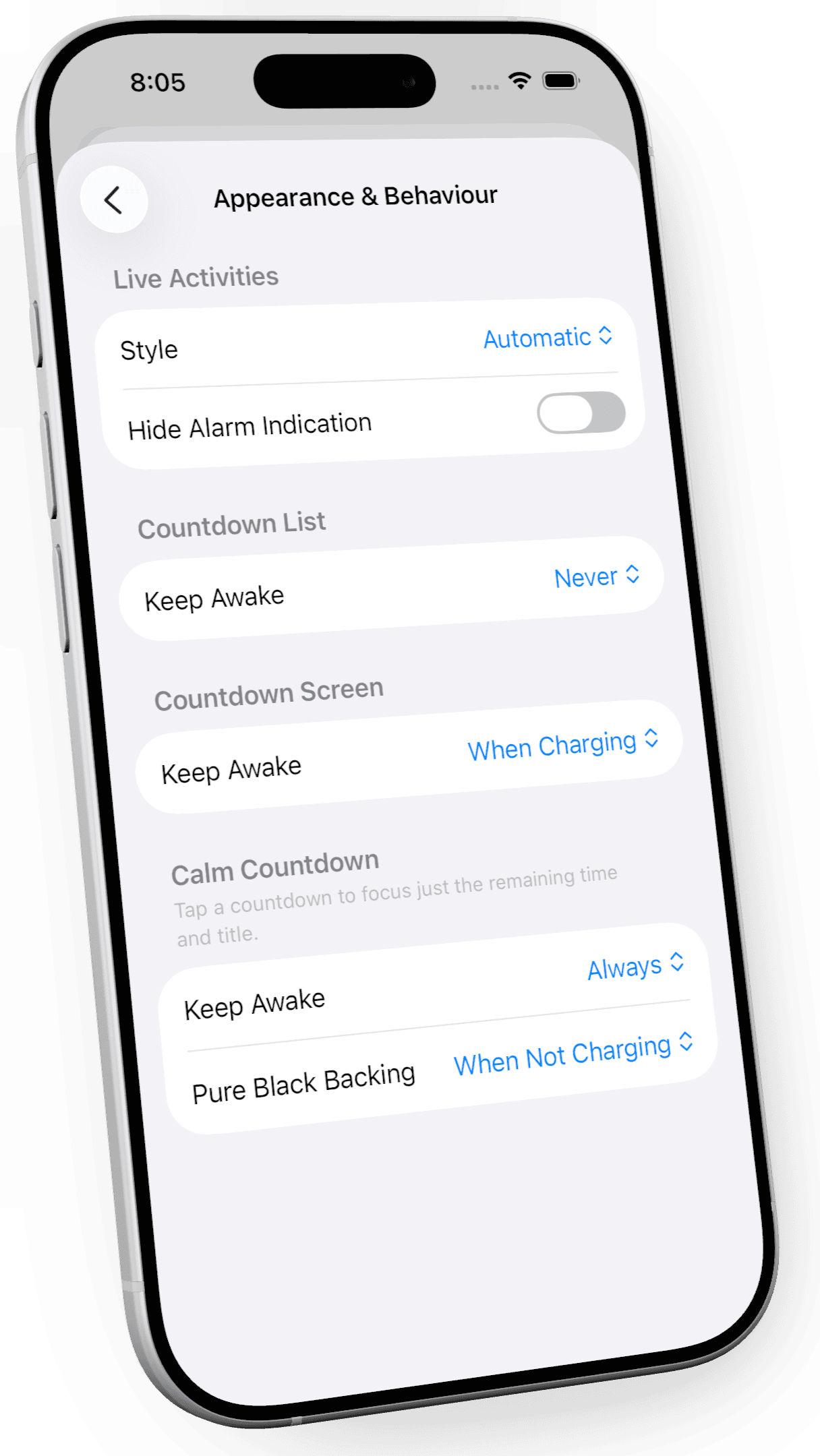 Timely's Appearance & Behaviour settings showing Keep Awake controls for the Countdown List, Countdown Screen, and Calm Countdown, plus Pure Black Backing.