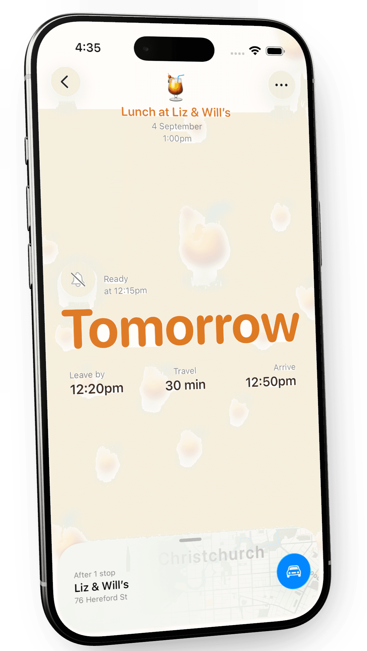 Timely’s redesigned countdown screen showing a Lunch at Liz & Will’s countdown, leave-by time, travel duration, arrival time, and destination.