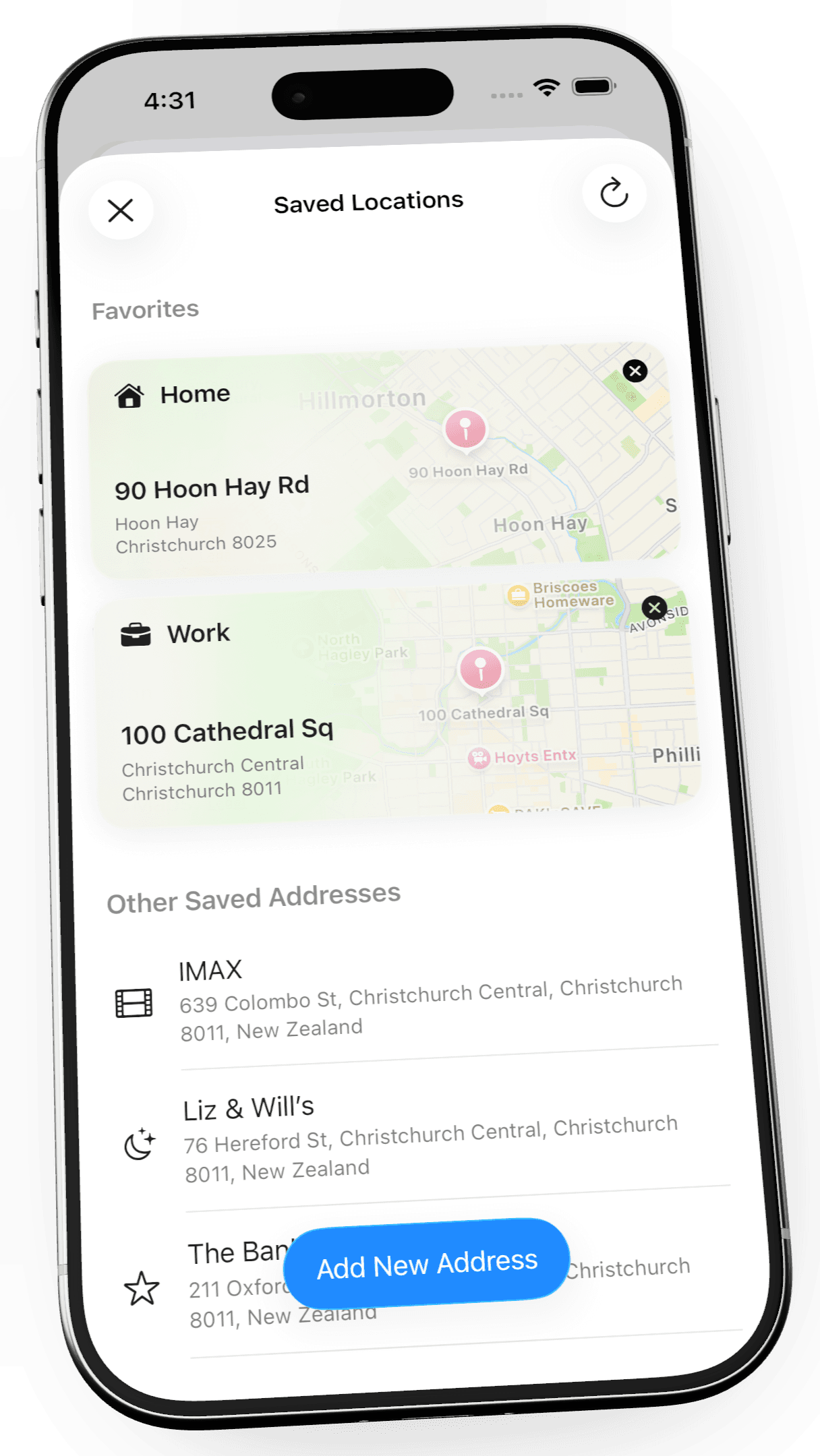 Timely’s Saved Locations screen showing Home, Work, and other saved addresses.