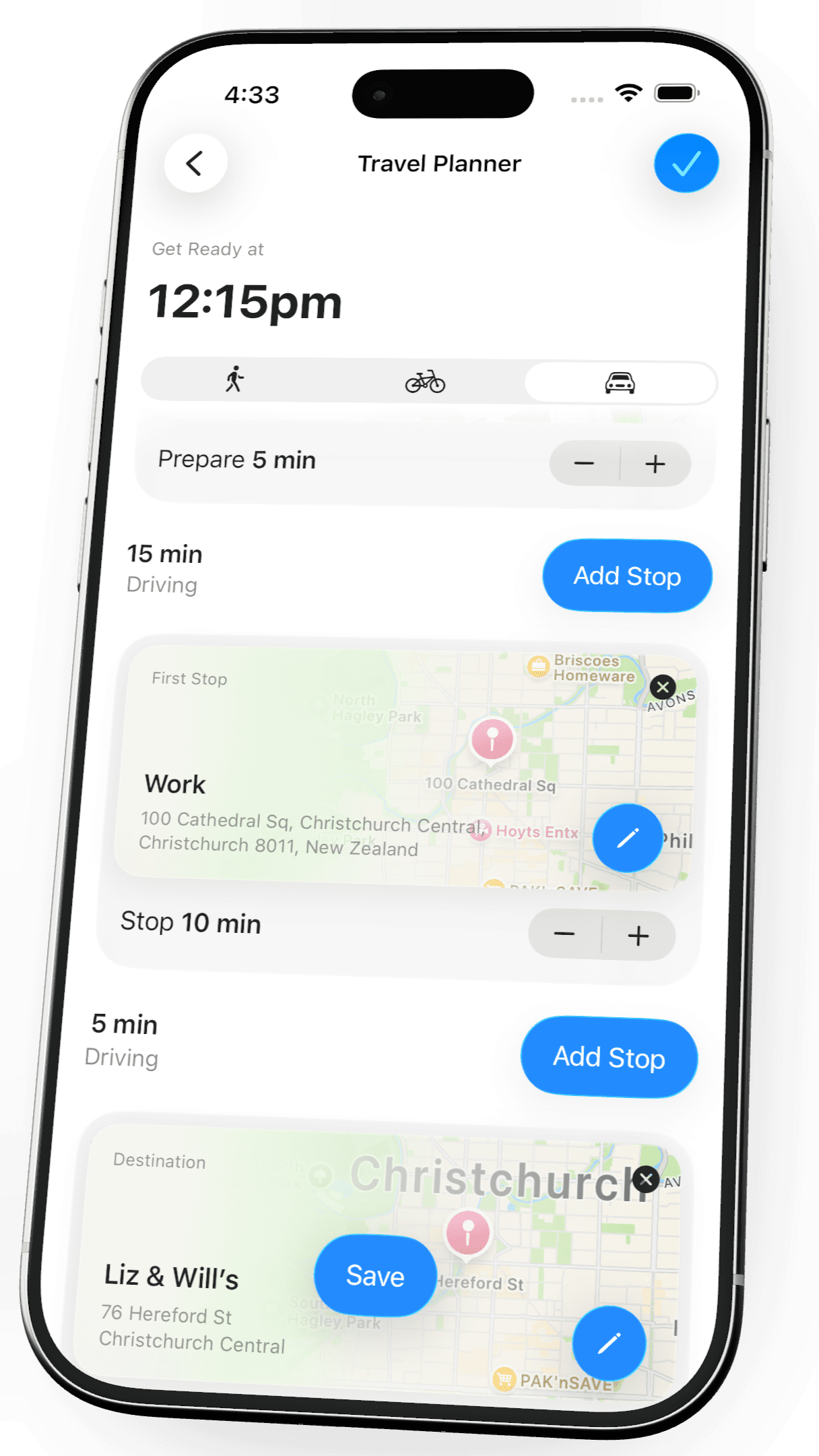 Timely’s Travel Planner showing a preparation buffer, travel legs, a Work stop, and a Liz & Will’s destination.