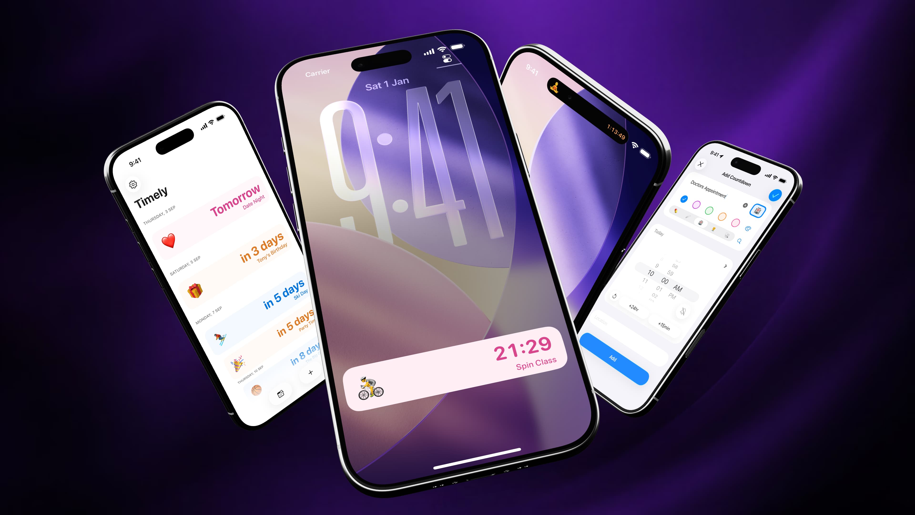 Several Timely countdown screens displayed on iPhones against a purple background.