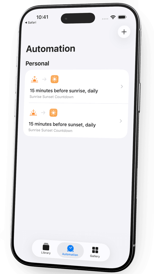 The Shortcuts Automation screen showing daily sunrise and sunset automations that run 15 minutes before each time.