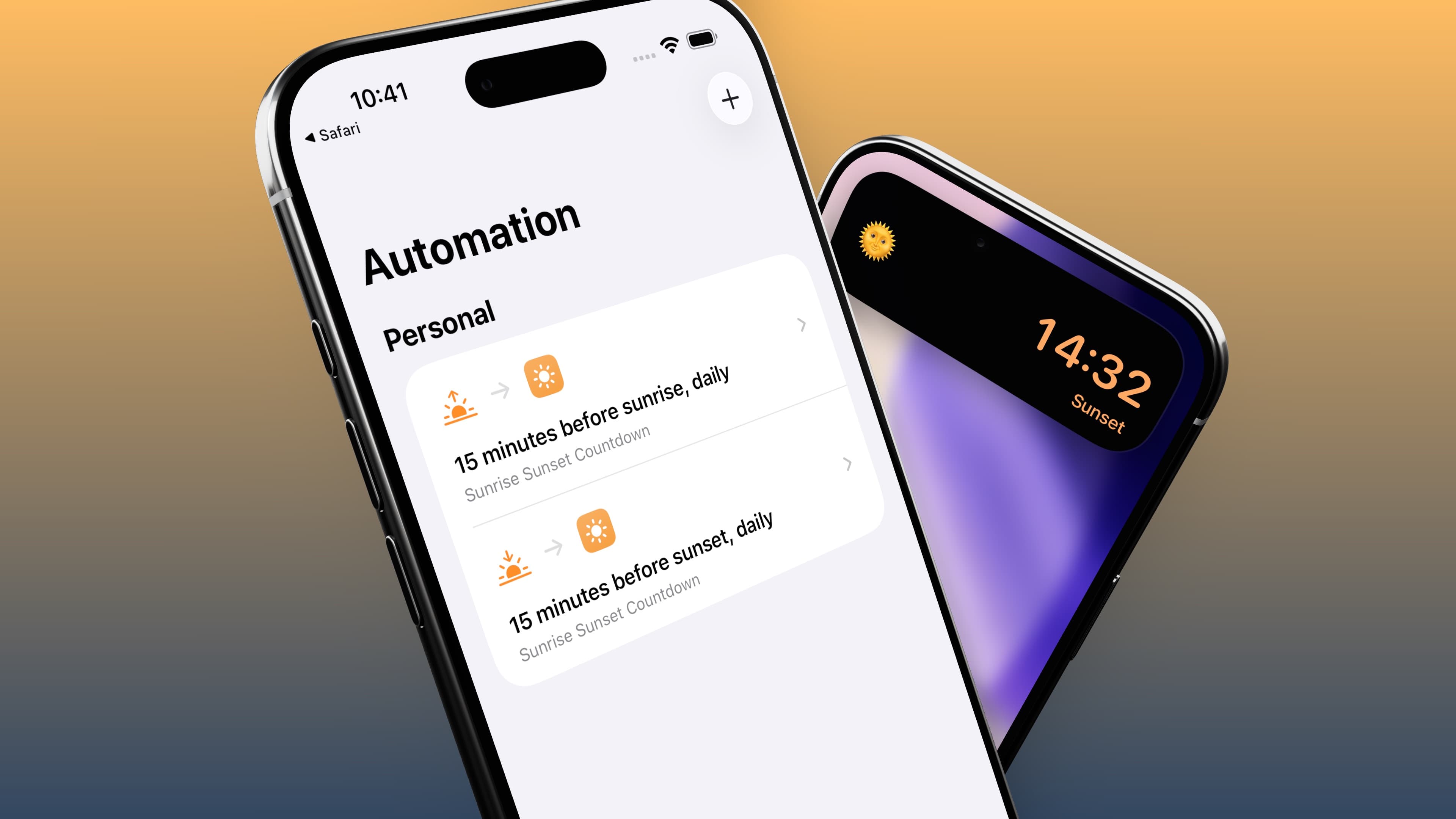 The Shortcuts Automation screen showing daily sunrise and sunset automations alongside a Timely sunset countdown on an iPhone.