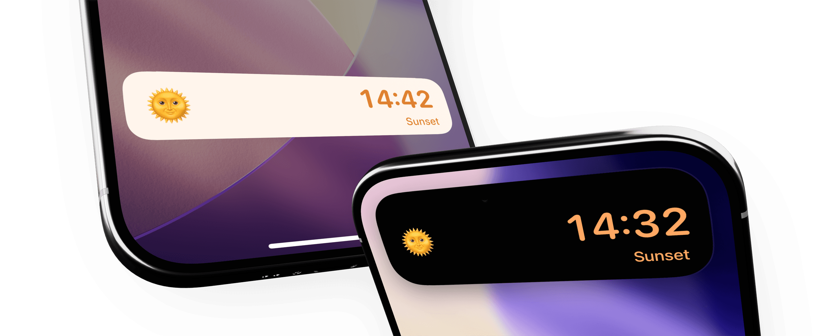 Timely sunrise and sunset countdowns displayed on an iPhone Lock Screen and Dynamic Island.