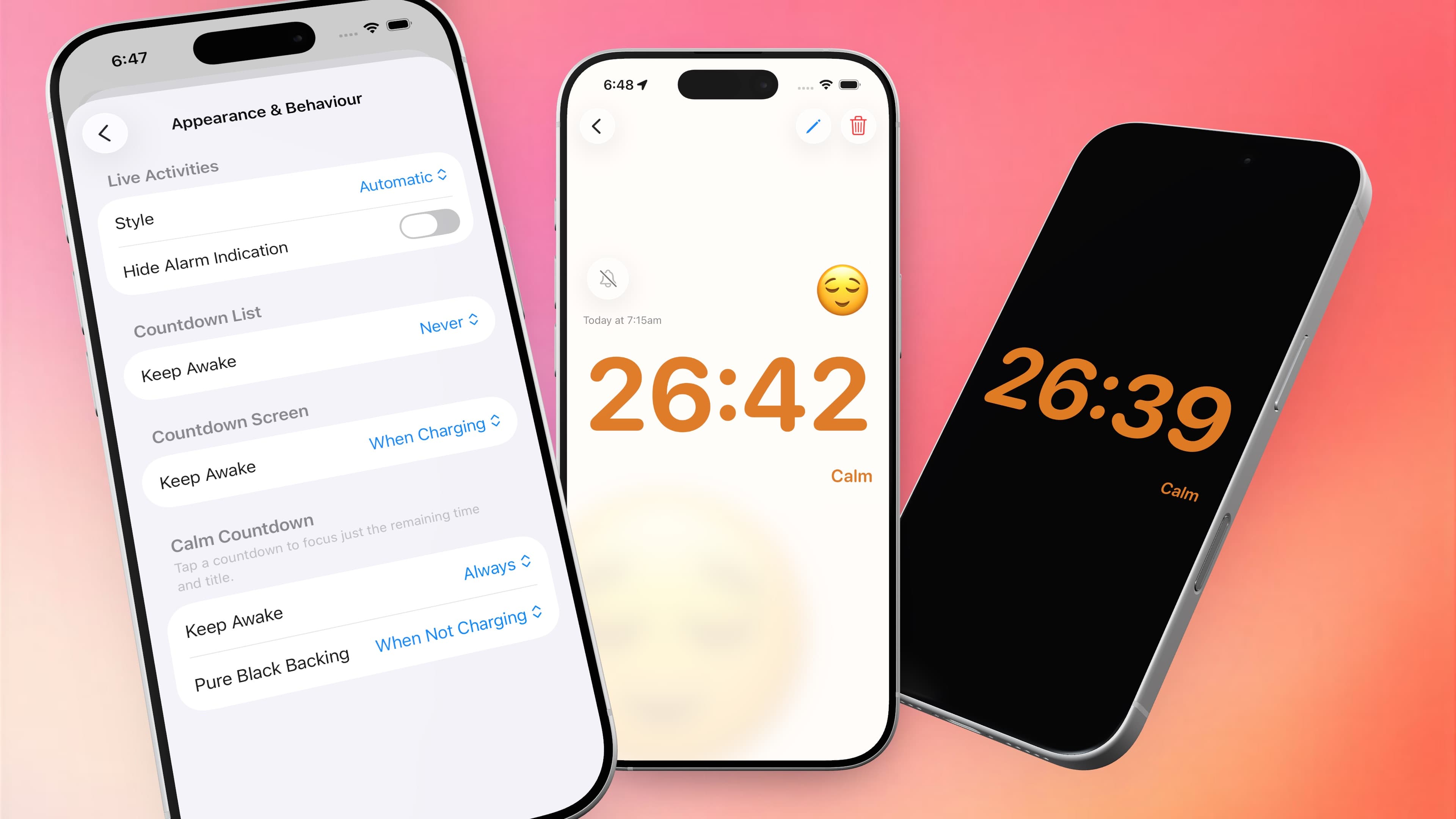 Timely countdowns and Appearance & Behaviour settings shown on three iPhones against a pink and orange background.