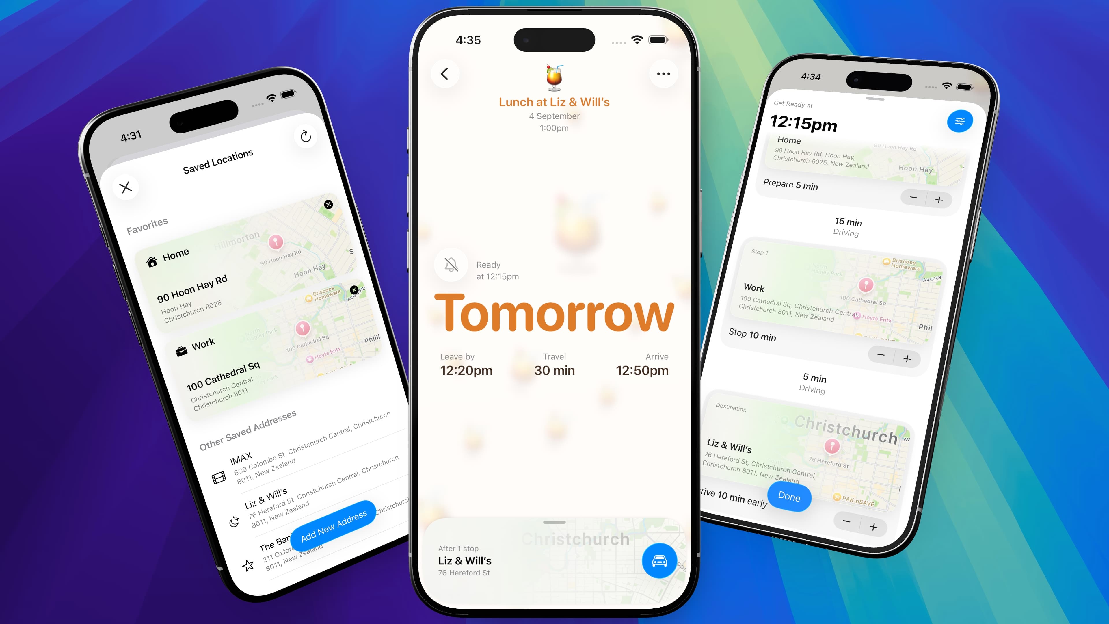 Timely on three iPhones showing saved locations, a redesigned countdown, and a multi-stop route.